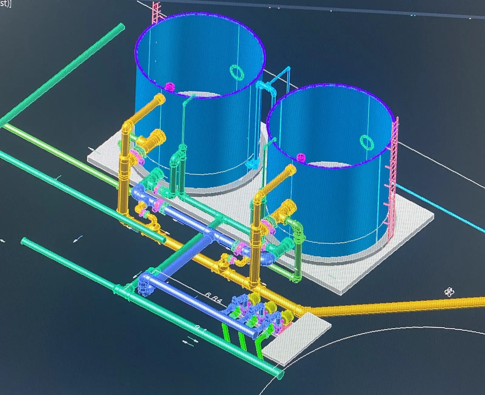 3D engineering model showing storage tanks and pipe systems