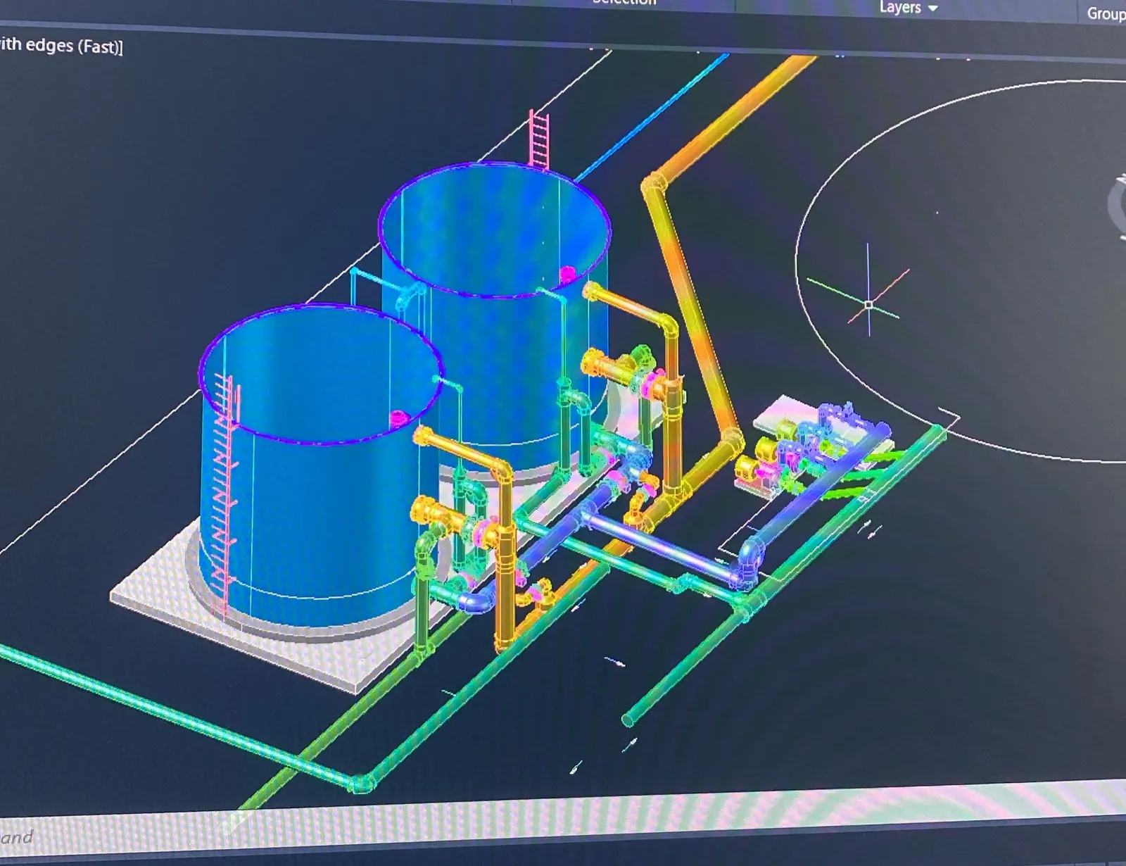 3D engineering model of storage tanks and piping